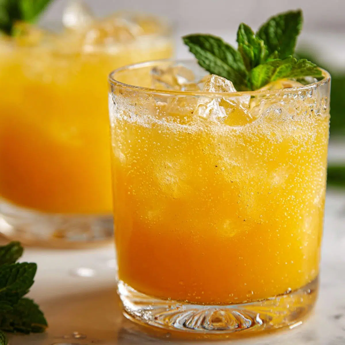  A glass of sugar free orange juice  on a white countertop