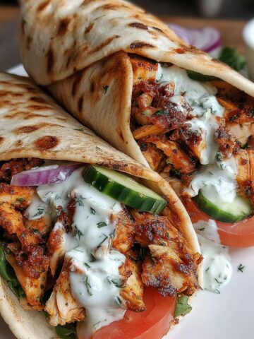 Spicy chicken shawarma wrap with fresh veggies and sauce on a white kitchen counter.