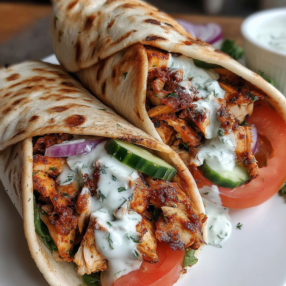 Spicy chicken shawarma wrap with fresh veggies and sauce on a white kitchen counter.