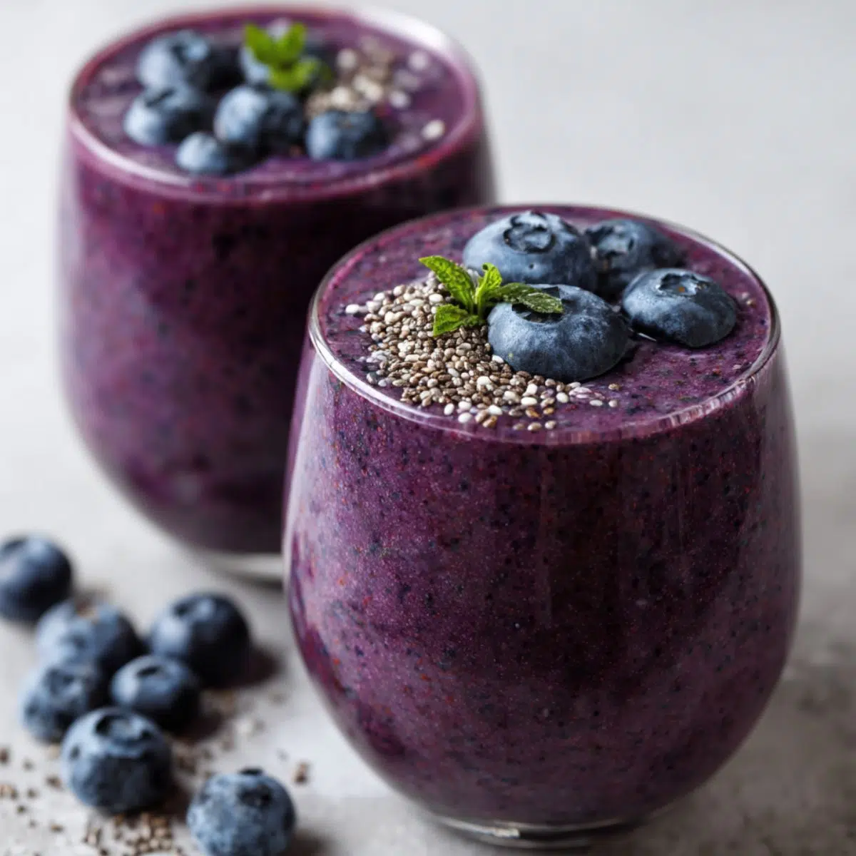 Homemade healthy blueberry smoothie in a glass with scattered blueberries on a white kitchen counter