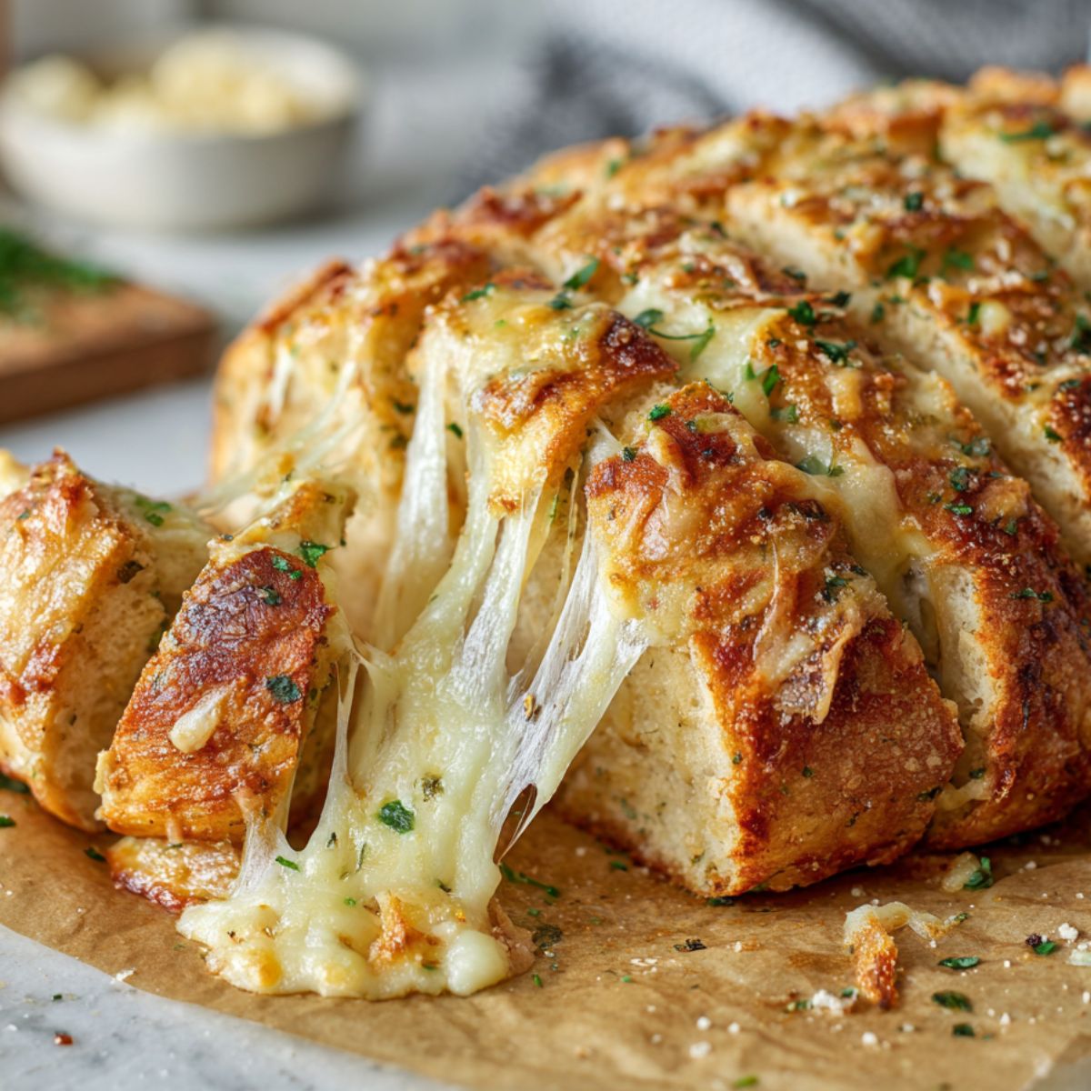 Homemade stuffed cheesy bread with golden crust and melted cheese pulls on a white kitchen counter

