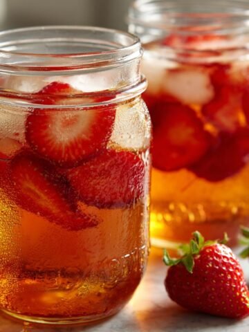A homemade glass of strawberry sweet tea on a white countertop with fresh strawberries nearby
