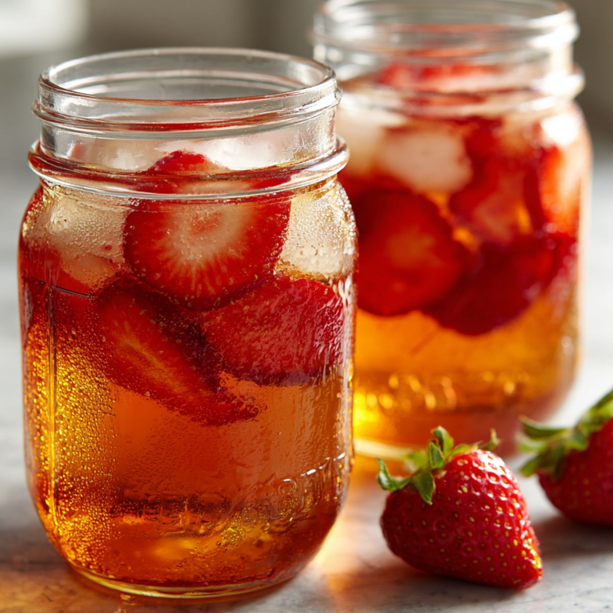 A homemade glass of strawberry sweet tea on a white countertop with fresh strawberries nearby