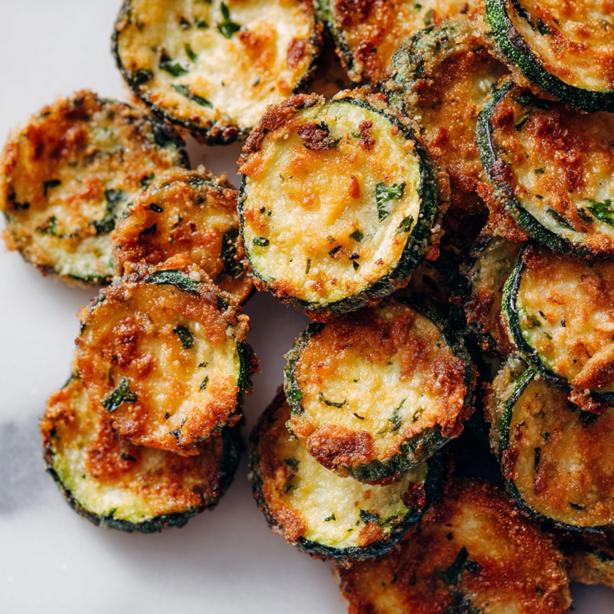 Crispy homemade zucchini chips on a white counter from above