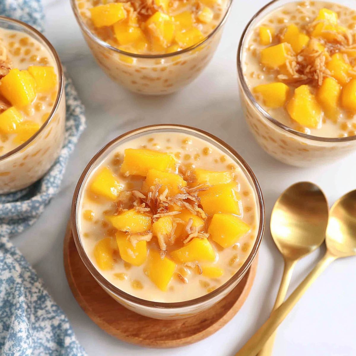 Bowls of Filipino mango sago chilling and ready to serve