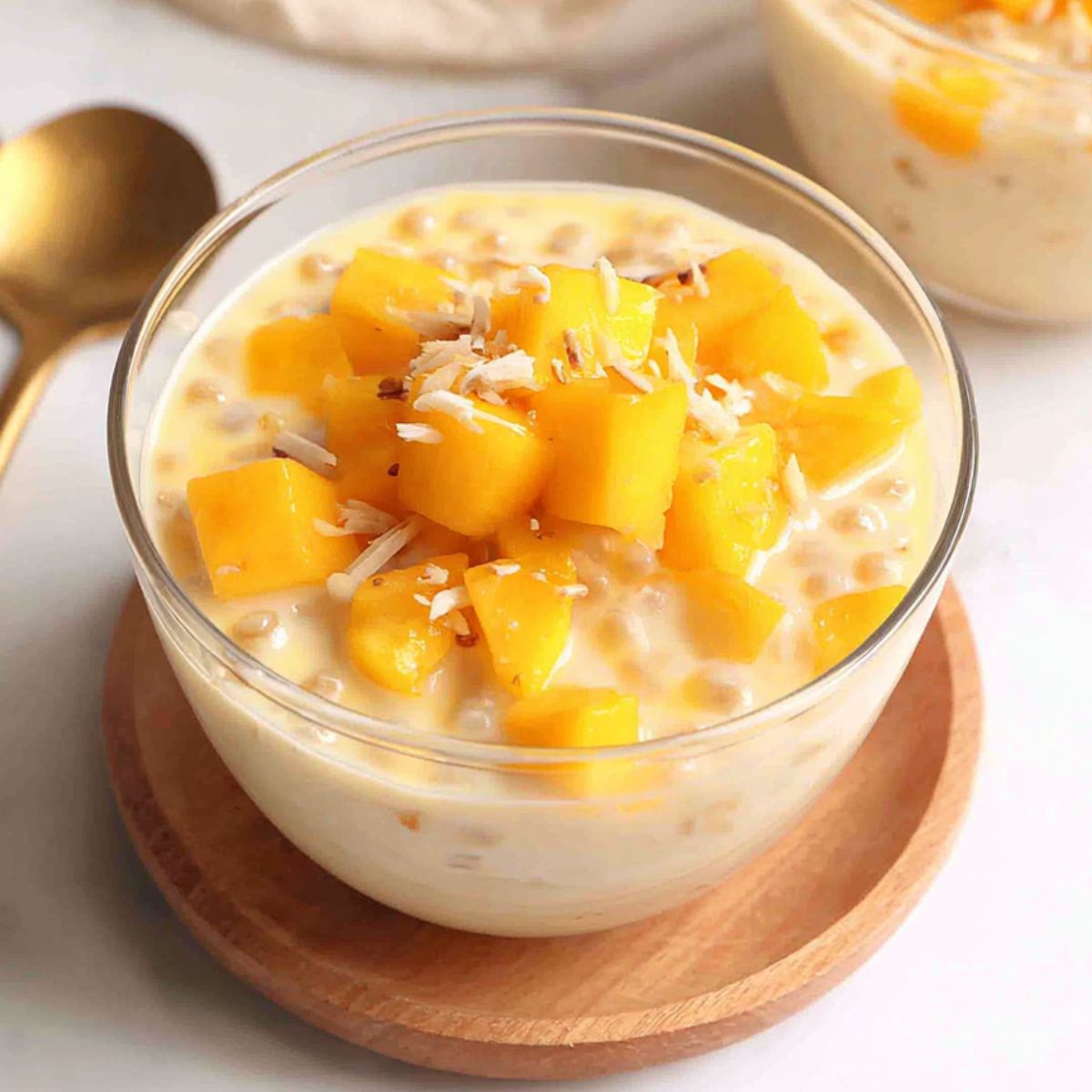 Homemade Filipino mango sago served in a glass bowl on a white kitchen counter