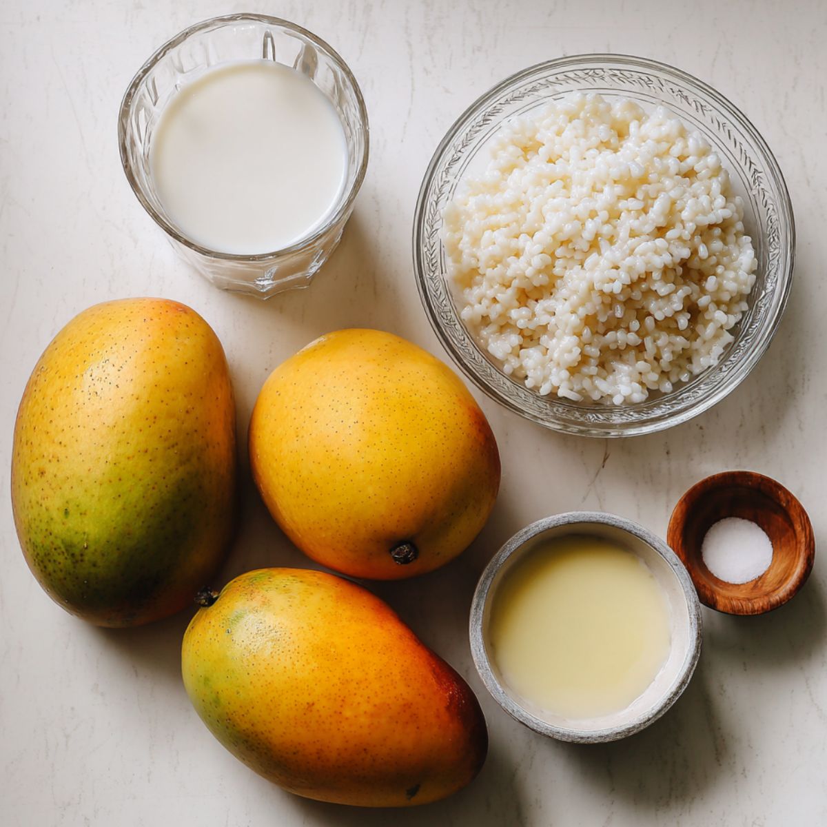  Essential ingredients for Filipino mango sago laid out on a kitchen counter