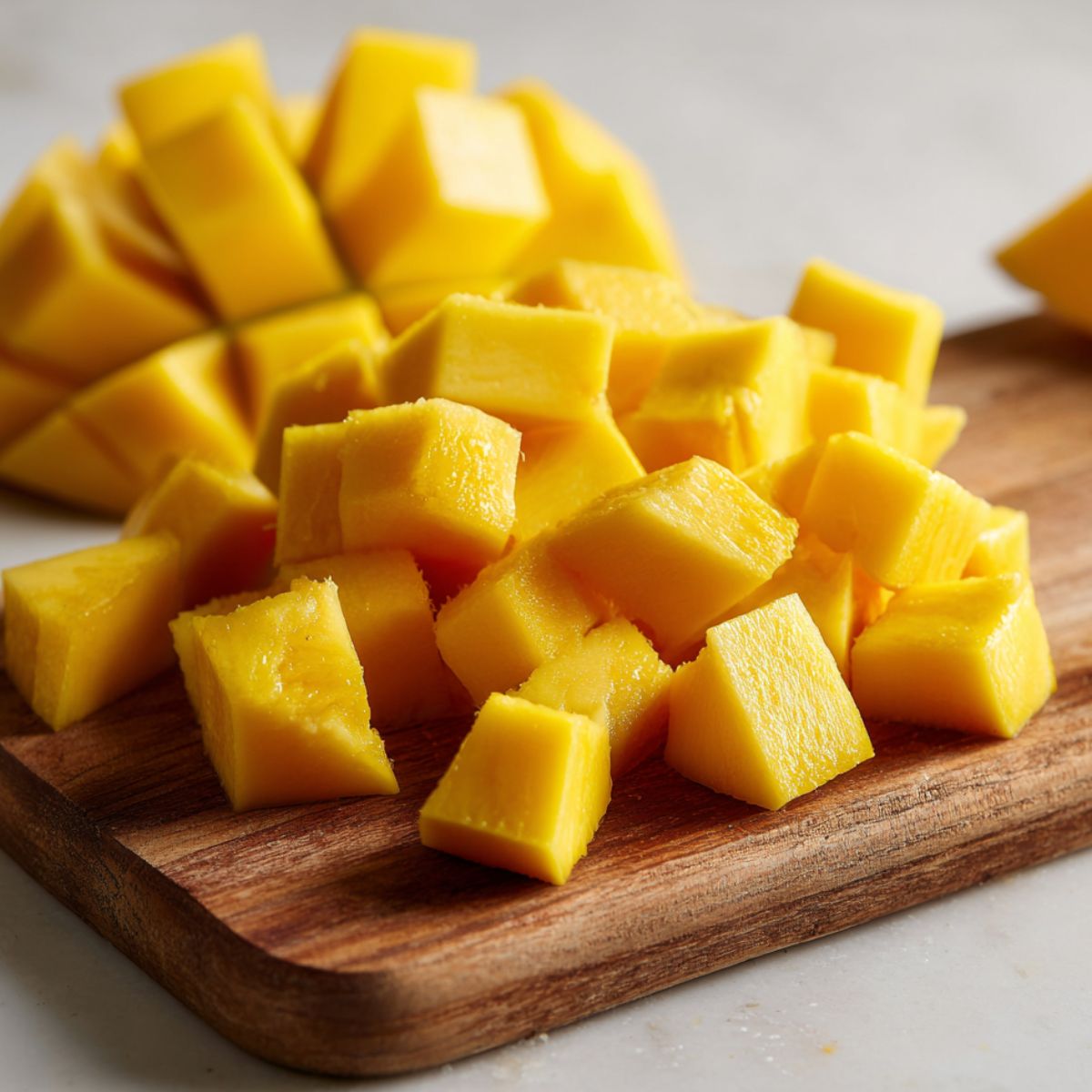 Fresh mangoes being cut into small cubes on a kitchen counter