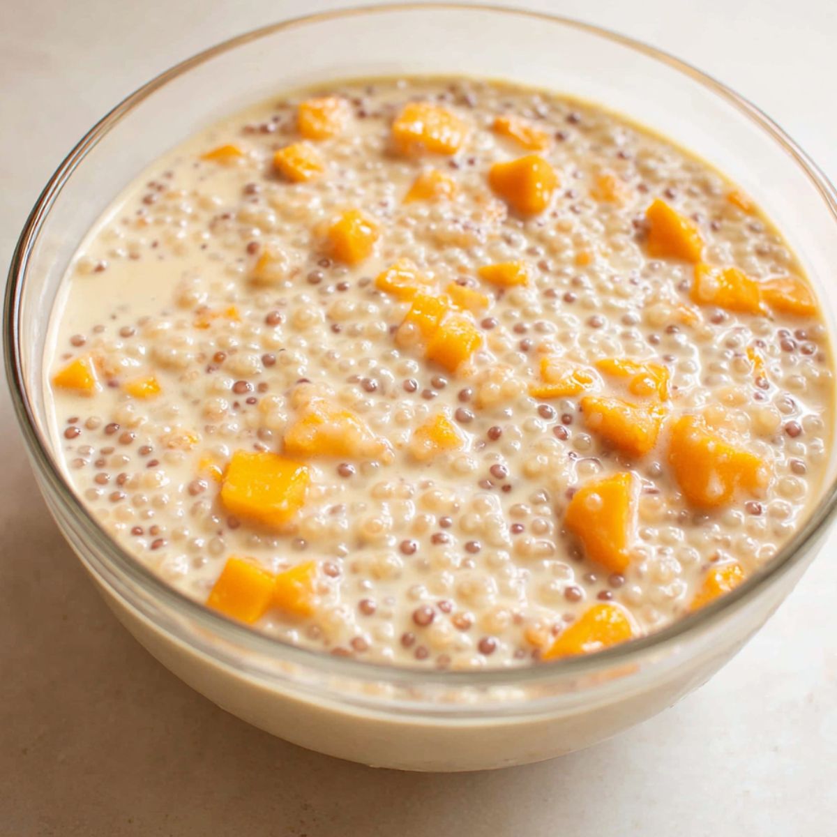 Mixing the creamy coconut base with sago pearls and mango chunks