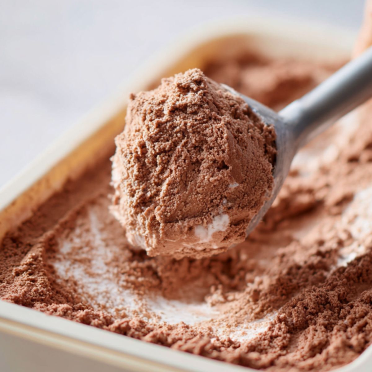 Scooping homemade low carb cottage cheese ice cream from a freezer container