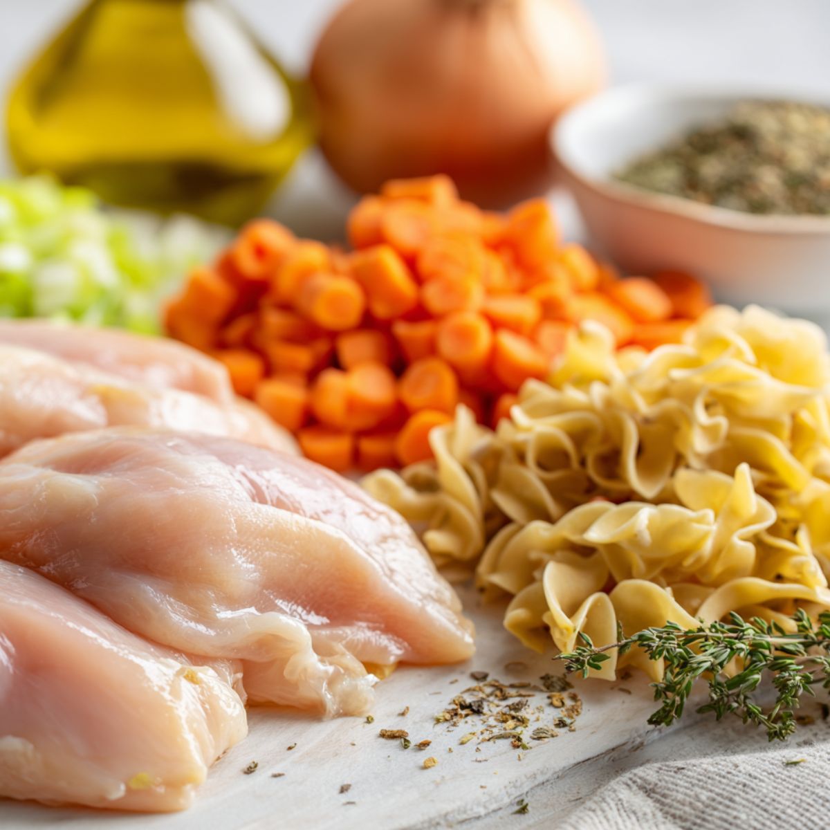 Raw ingredients for gluten-free chicken noodle soup laid out on a kitchen counter