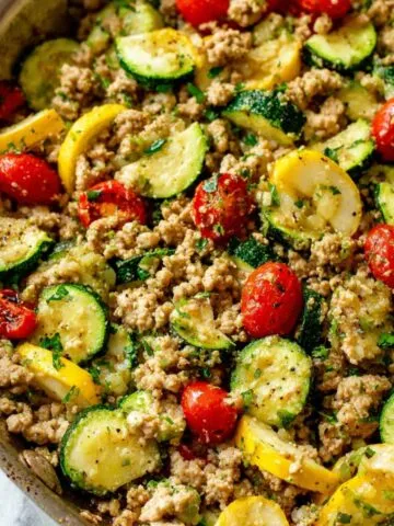 Top-down view of a homemade ground turkey and zucchini skillet meal