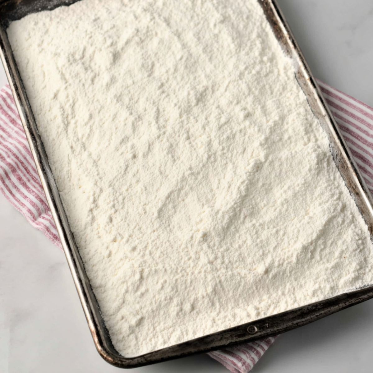 Sifting cooled, baked flour on a white kitchen counter
