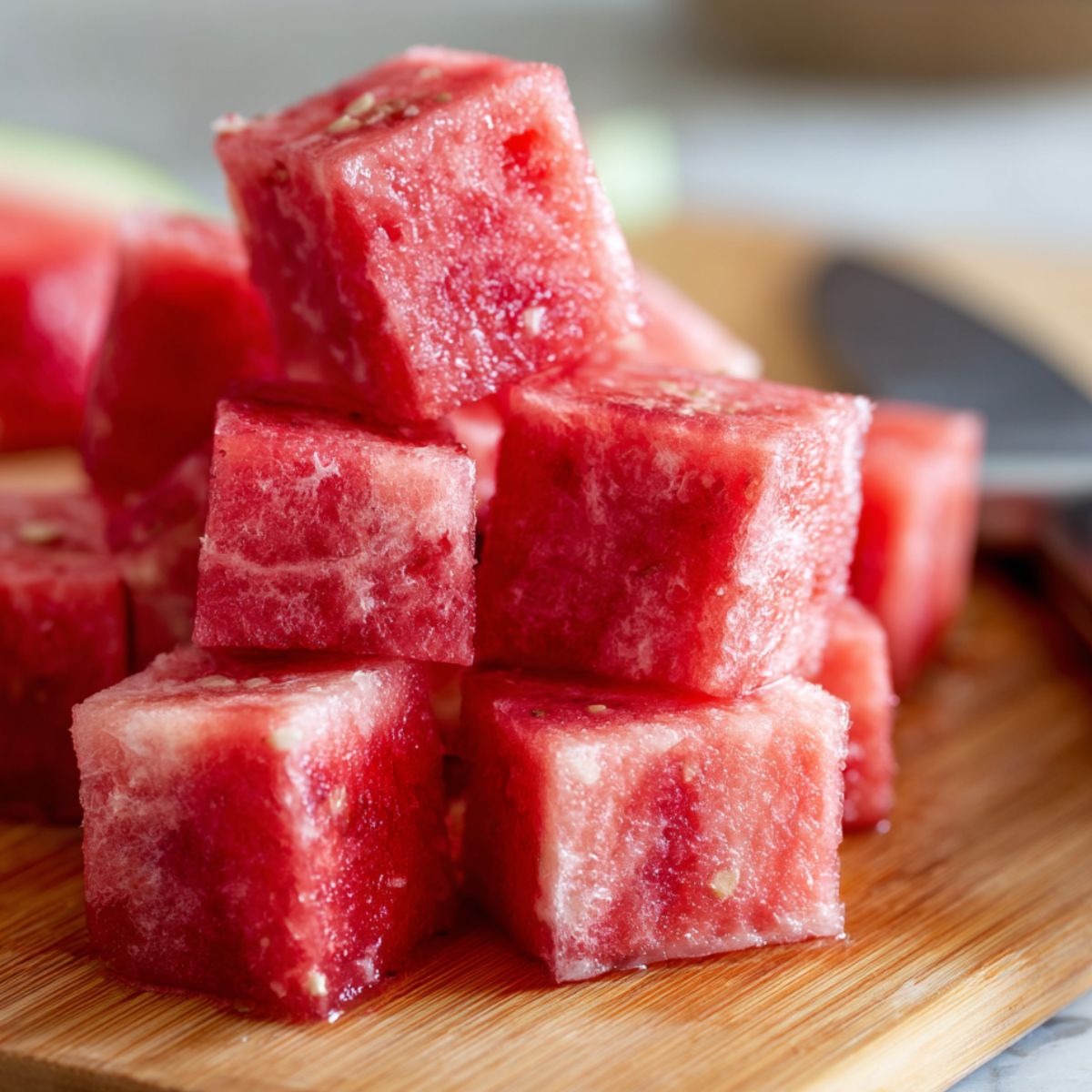 Cubed watermelon on a cutting board ready for Hwachae bowl