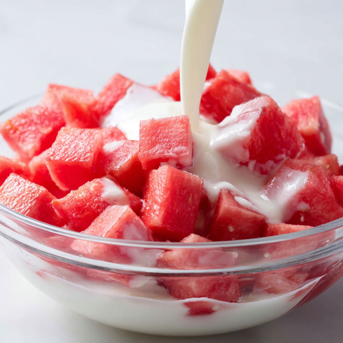 Pouring milk and condensed milk mixture over watermelon in a bowl