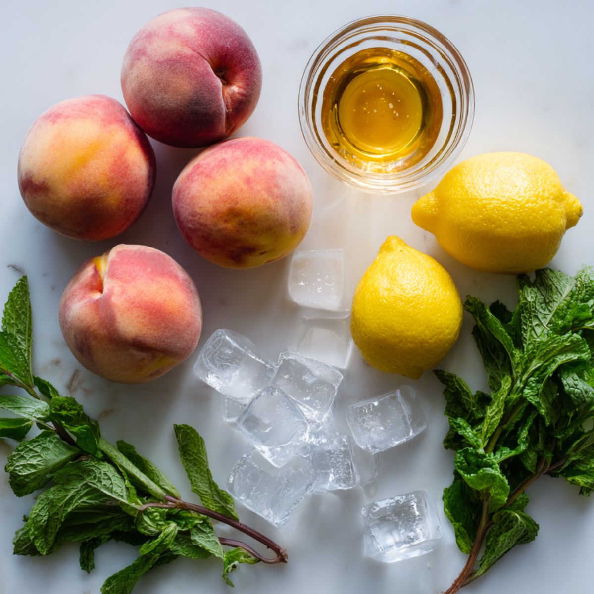  Ingredients for beach peach lemonade laid out on a white kitchen counter

