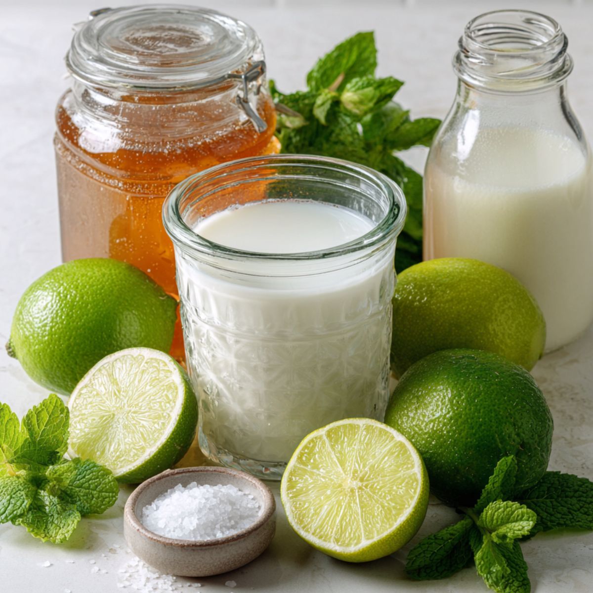 Coconut limeade ingredients casually arranged on a white counter