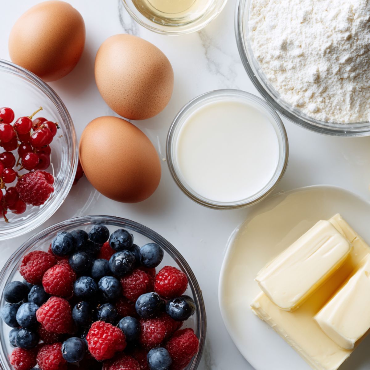 Flat lay of pancake cake ingredients on white counter