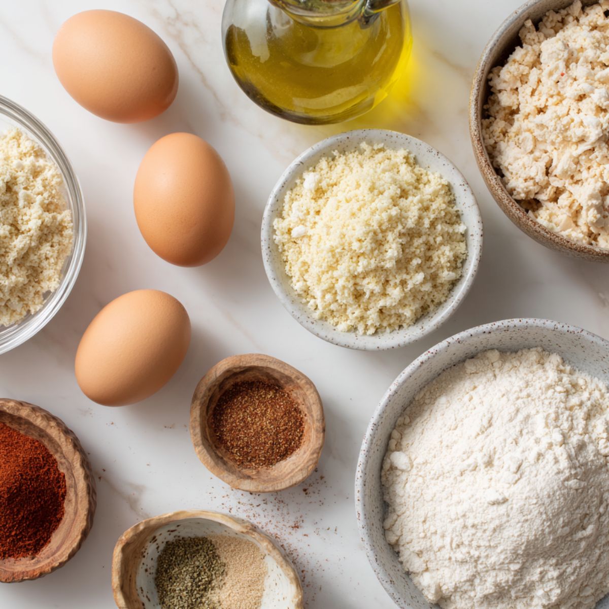 Ingredients for ground chicken nuggets laid out on a white counter.