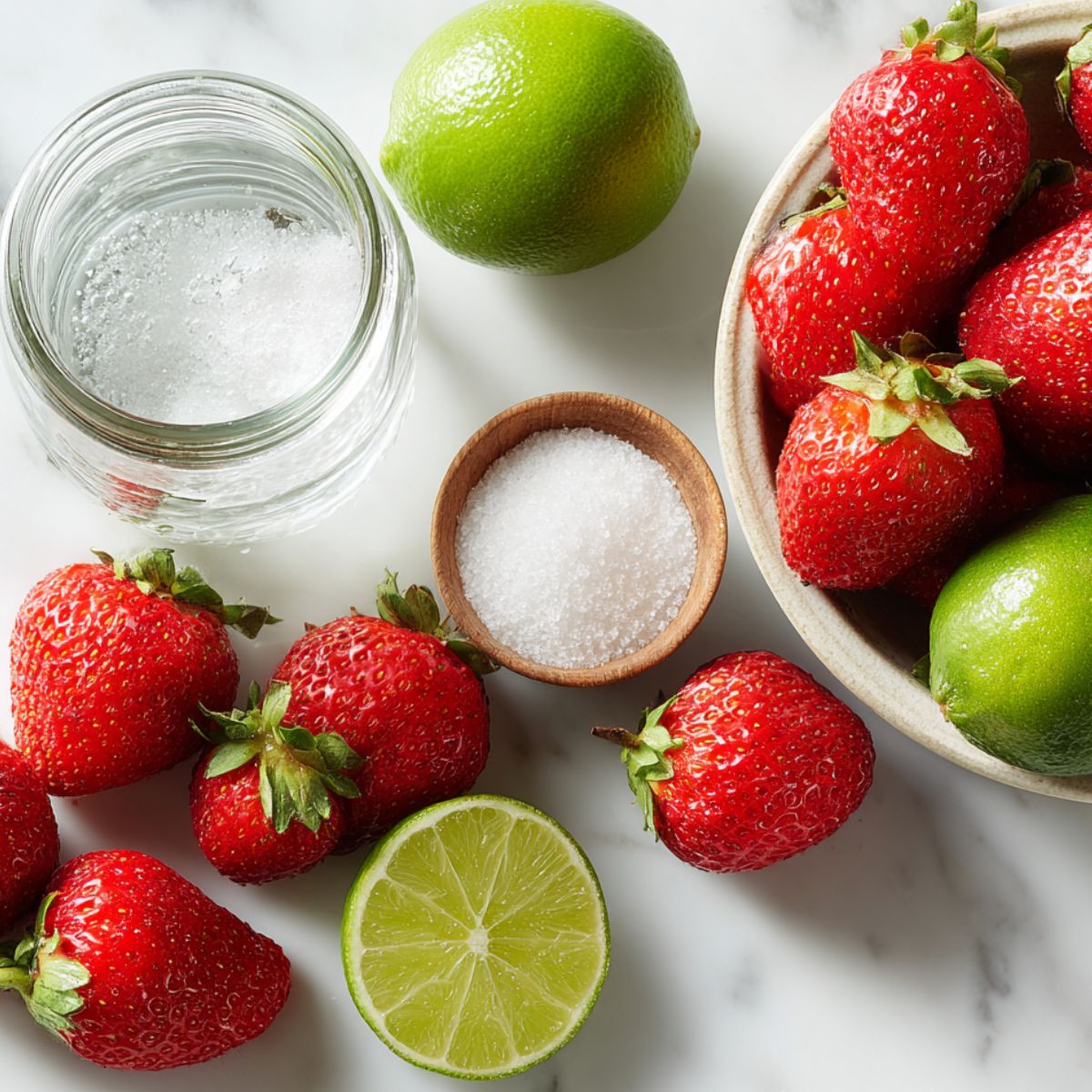 Fresh strawberries, limes, sugar, and water laid out on a kitchen counter