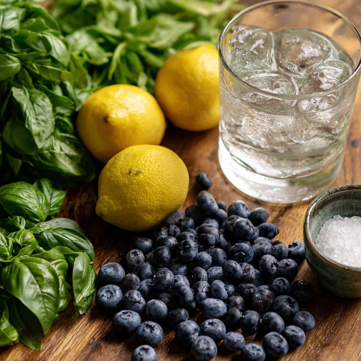 Fresh blueberries, basil, lemons, sugar, and ice laid out on a wooden kitchen counter