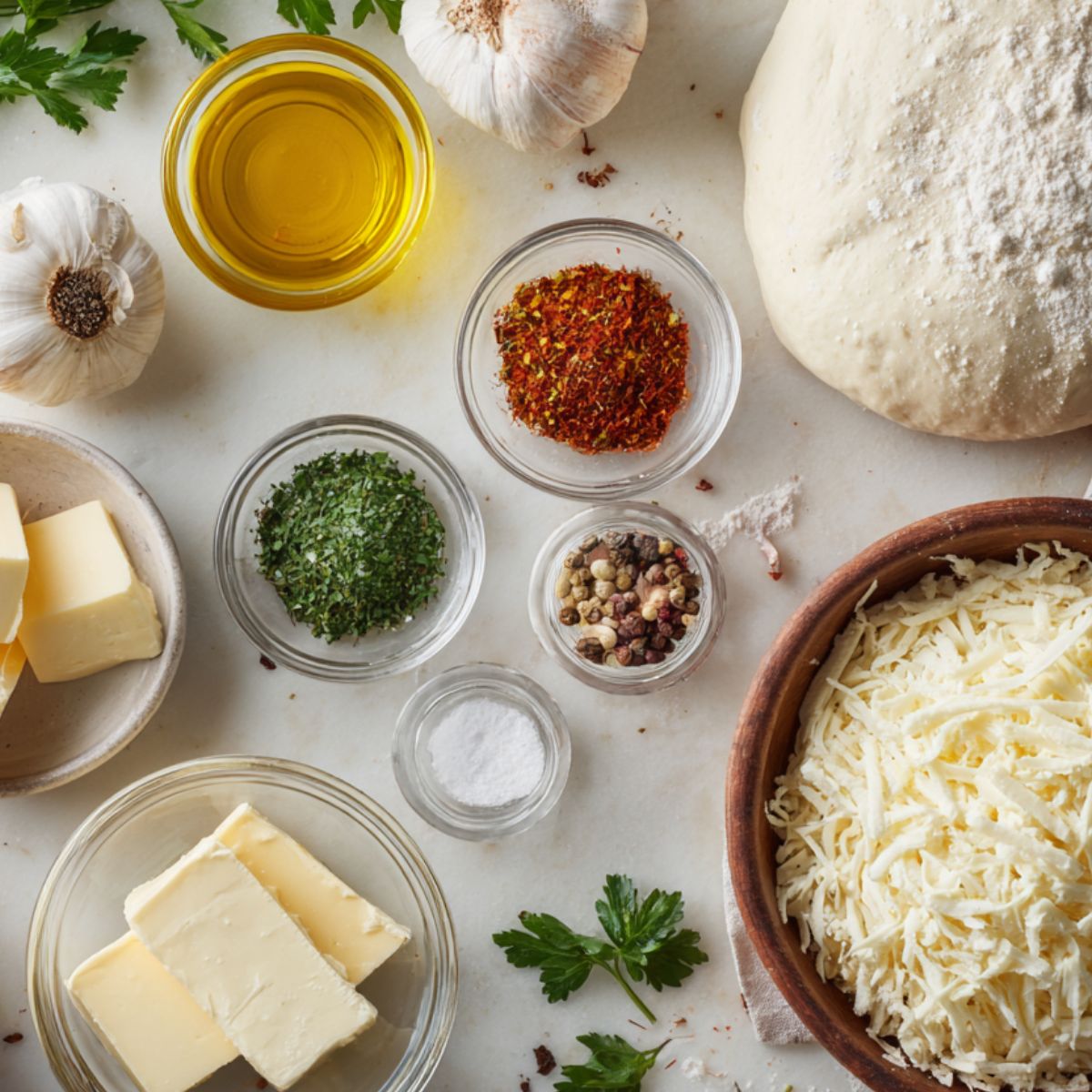 Ingredients for homemade cheesy garlic pizza arranged on a white kitchen counter
