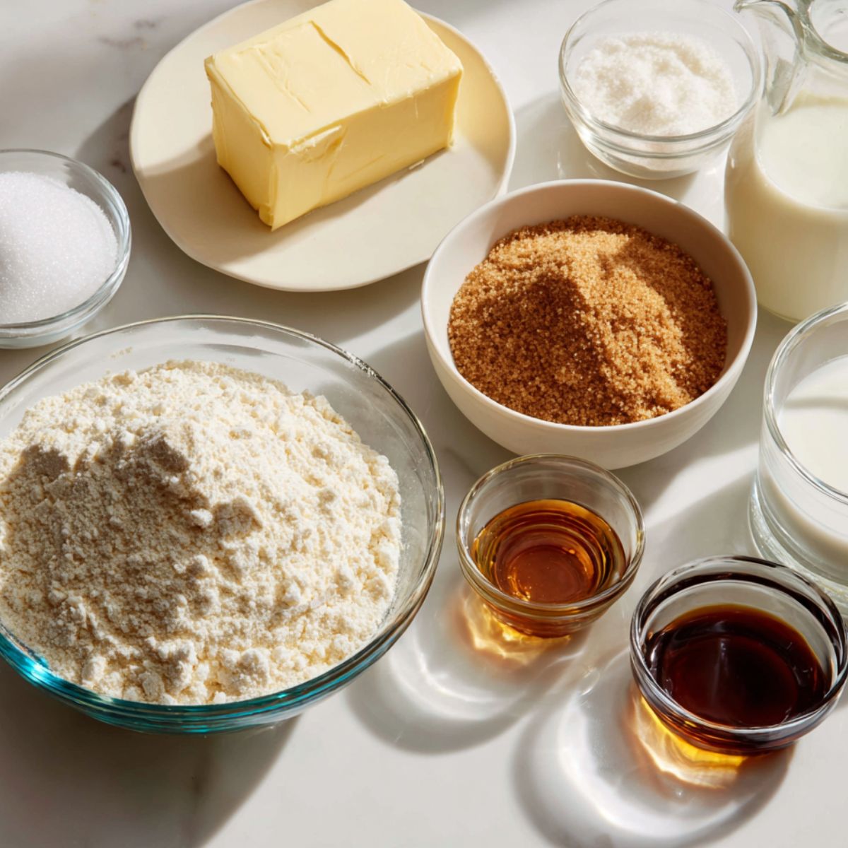 Overhead view of cookie dough ingredients including butter, sugar, flour, and vanilla