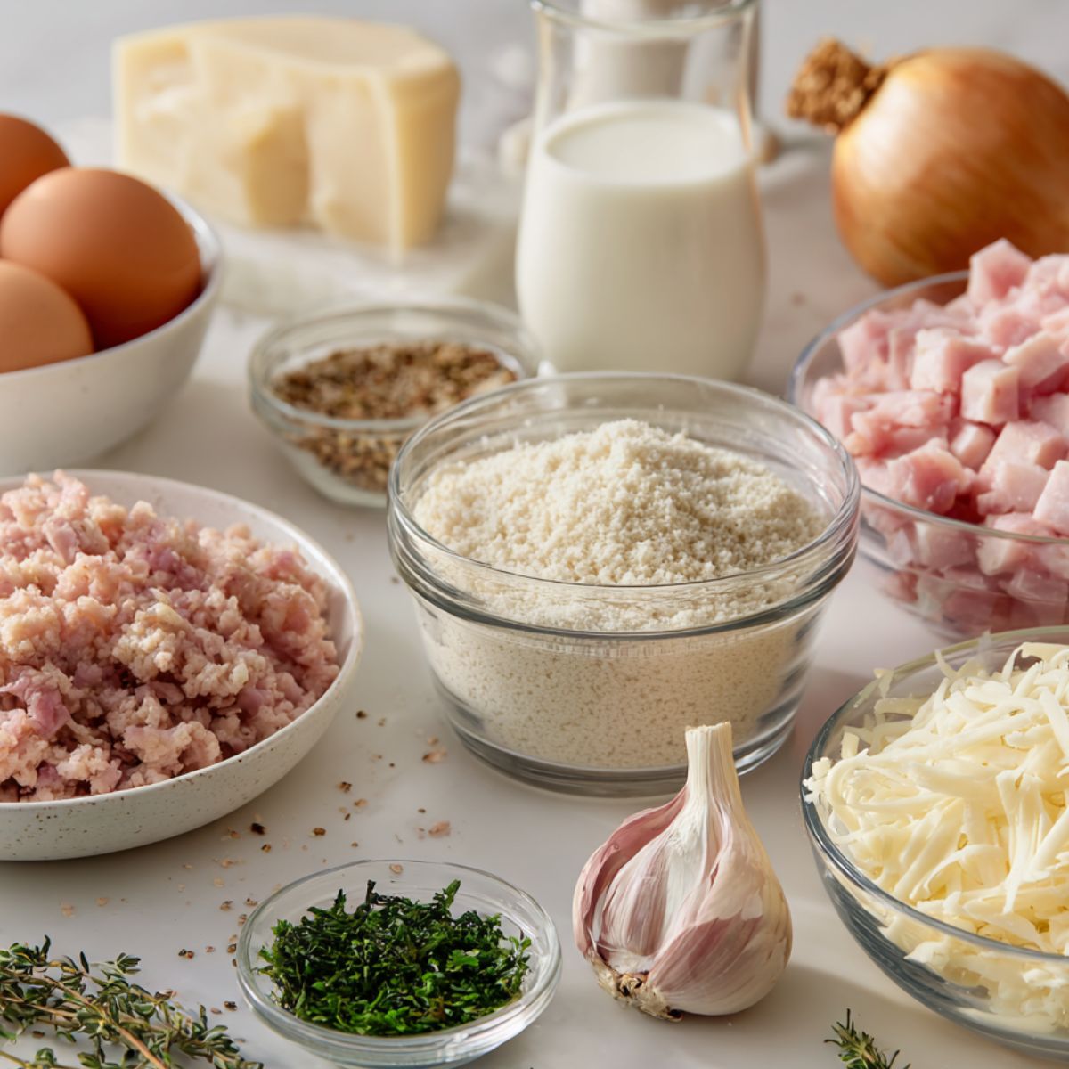 Raw meatloaf ingredients arranged on a kitchen counter
