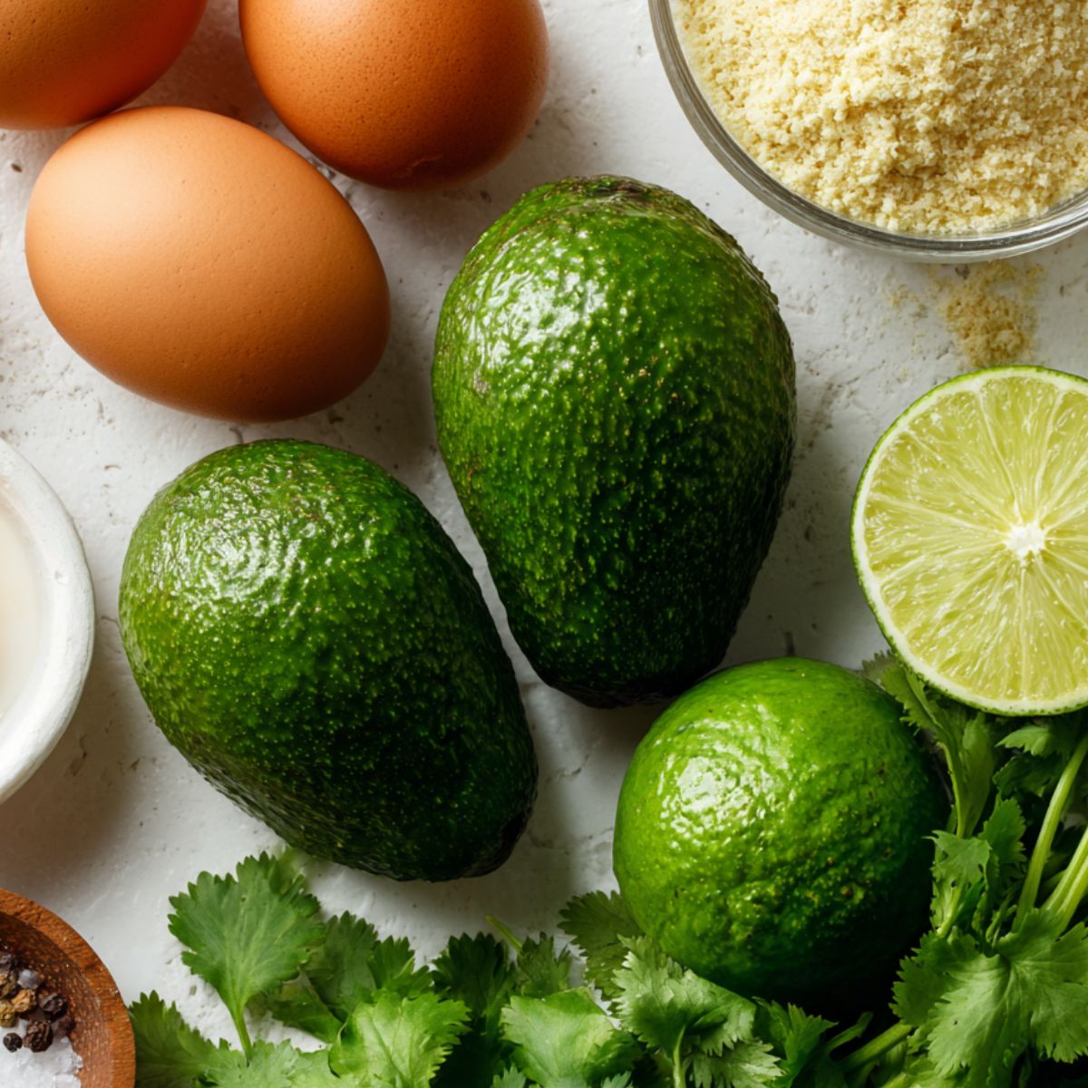  Ingredients for avocado patties laid out on a white kitchen counter.