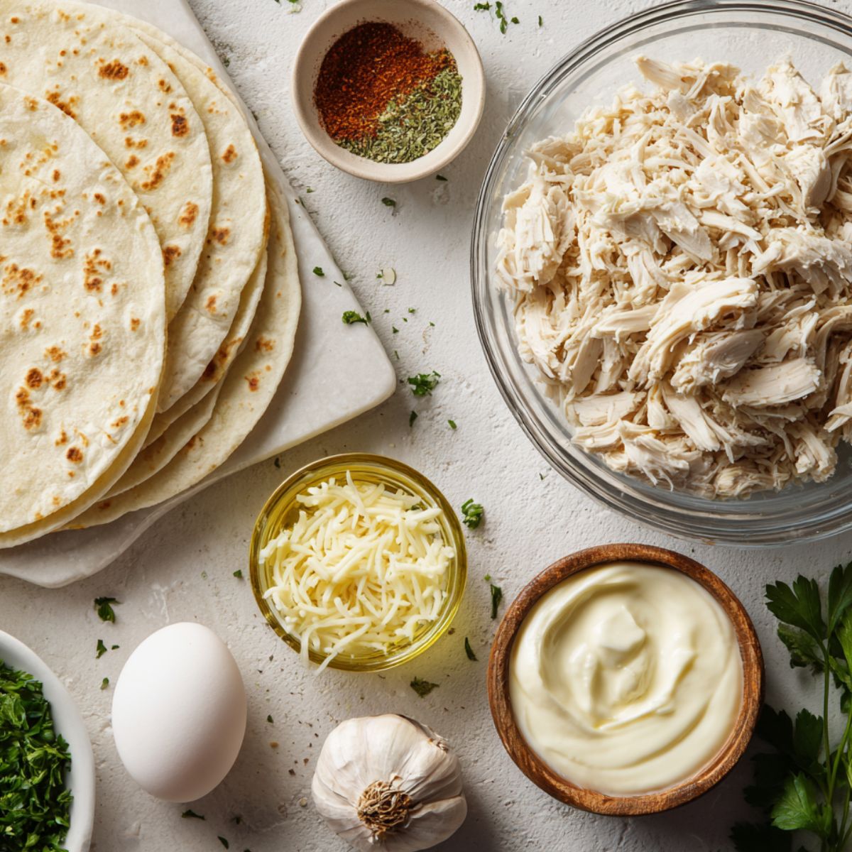 ngredients laid out for Cheesy Garlic Chicken Wraps