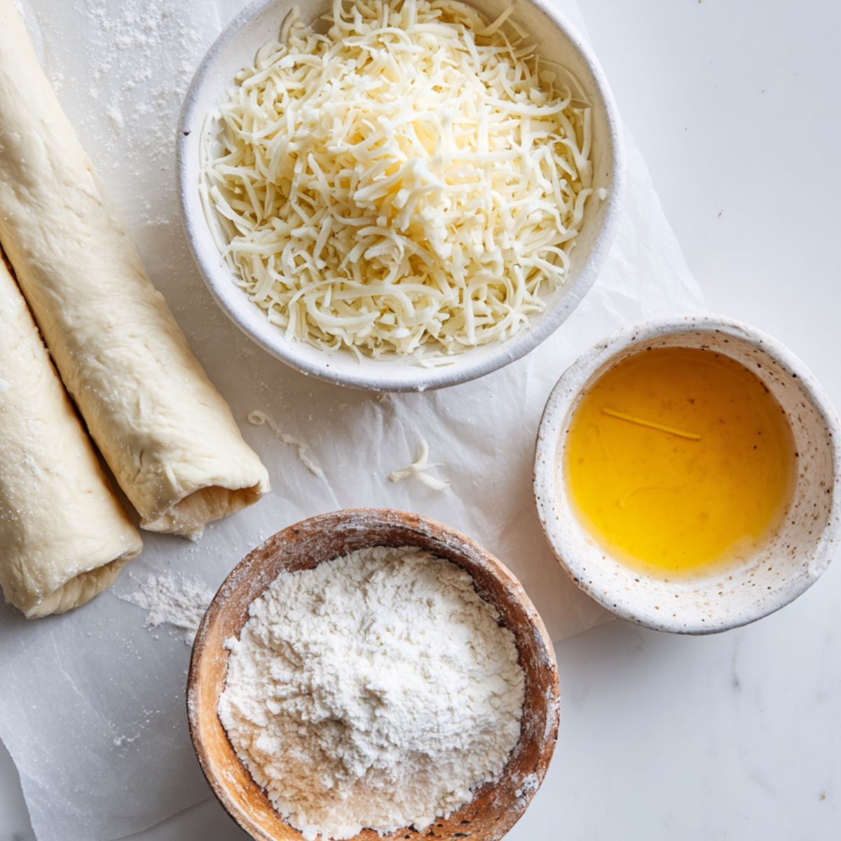 Pizza dough, shredded mozzarella, and melted butter on a kitchen counter ready for stuffed cheesy bread