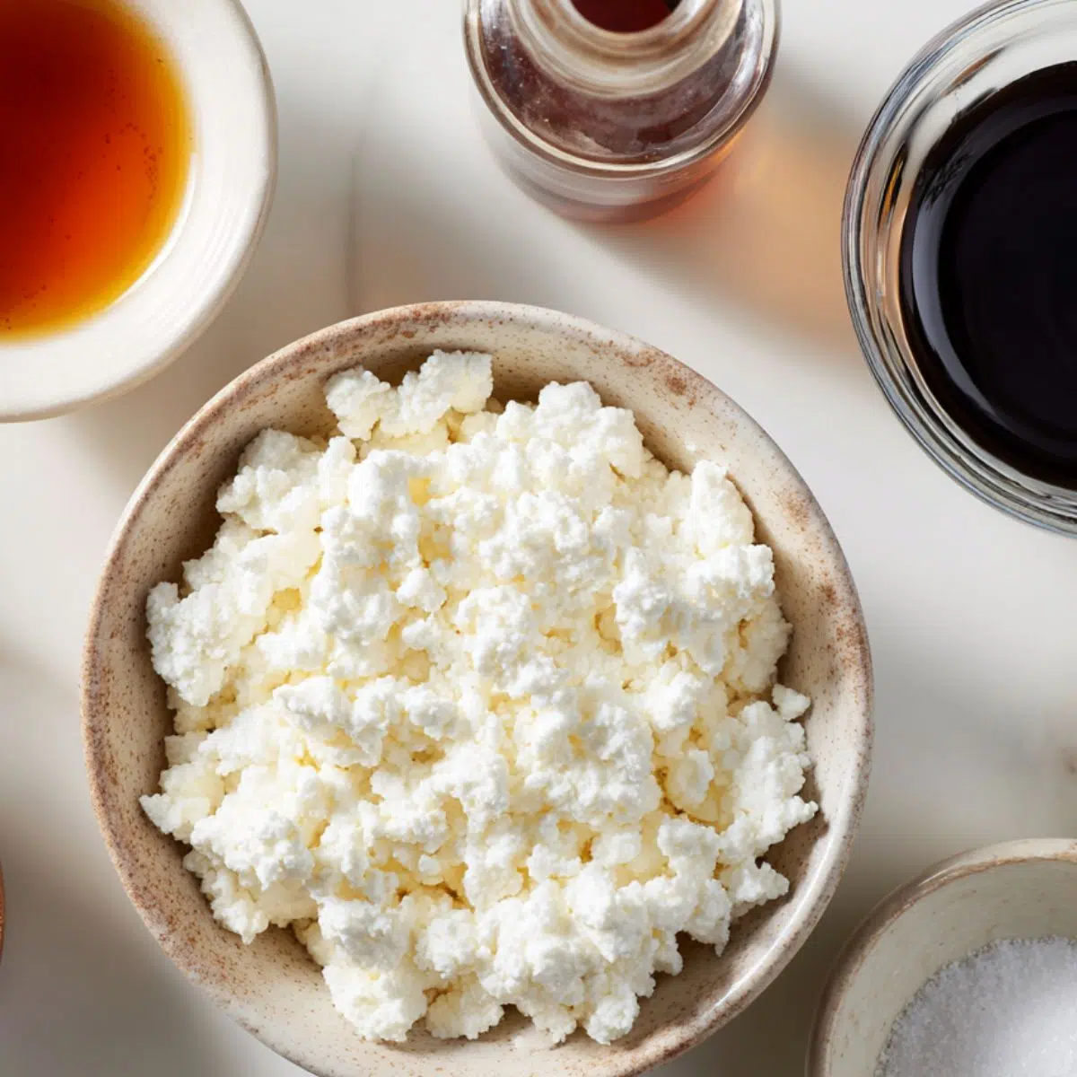 Ingredients for low carb cottage cheese ice cream laid out on a white kitchen counter
