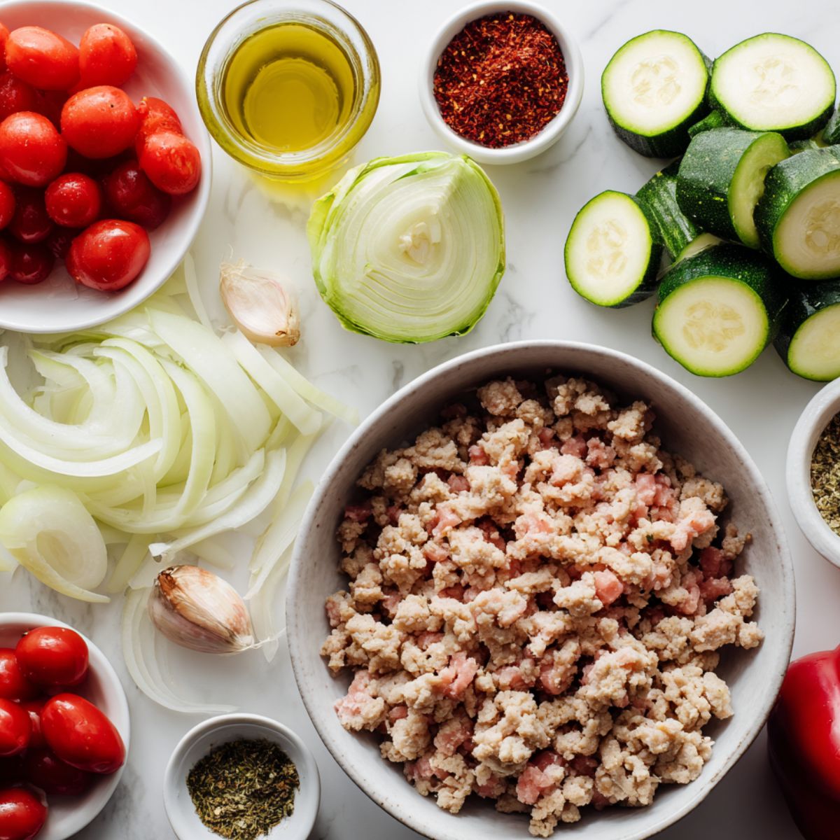 Uncooked ingredients for ground turkey and zucchini skillet laid out on a kitchen counter