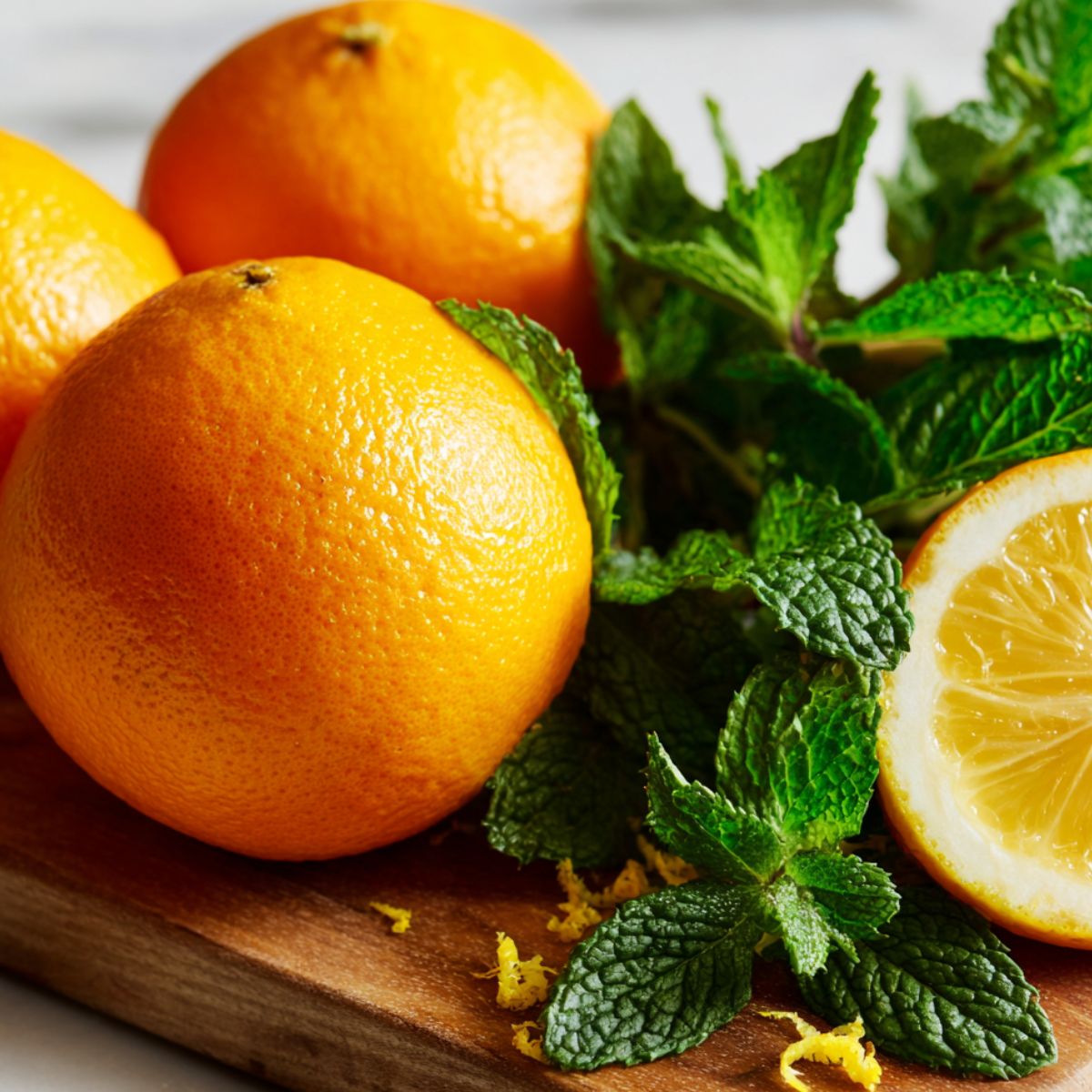 Whole oranges, lemon, and mint on a kitchen counter before juicing