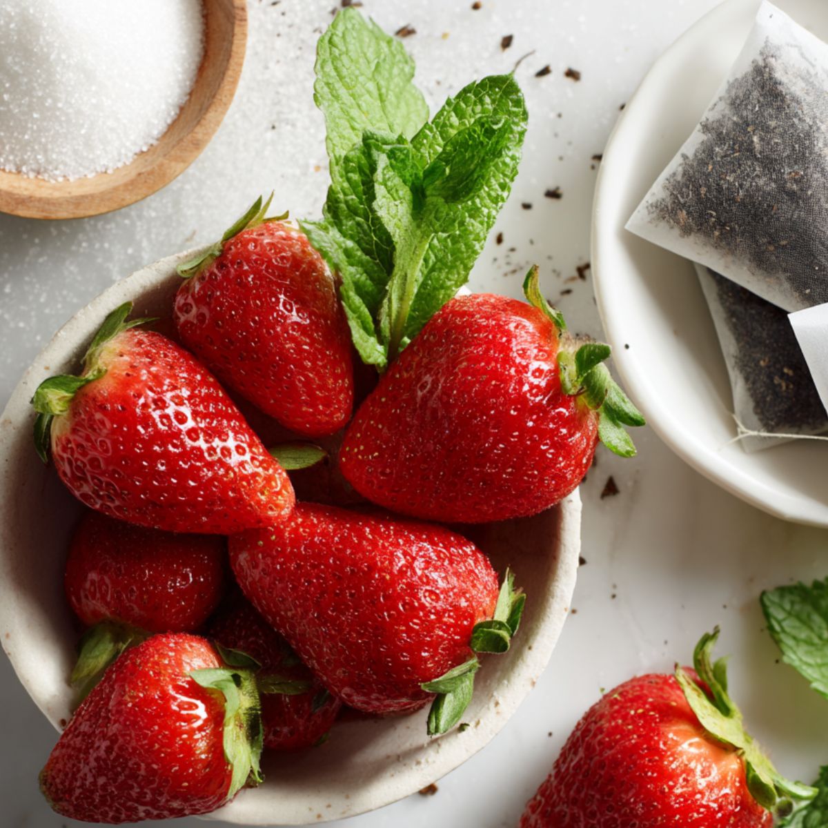 Fresh strawberries, black tea bags, sugar, and mint laid out for strawberry sweet tea recipe