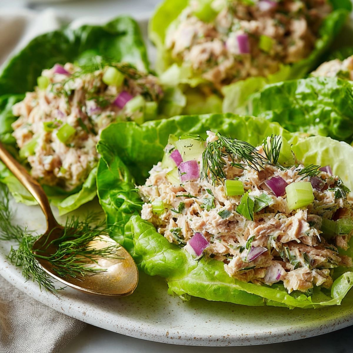 Freshly made keto tuna salad served in with lettuce leaves on white plate