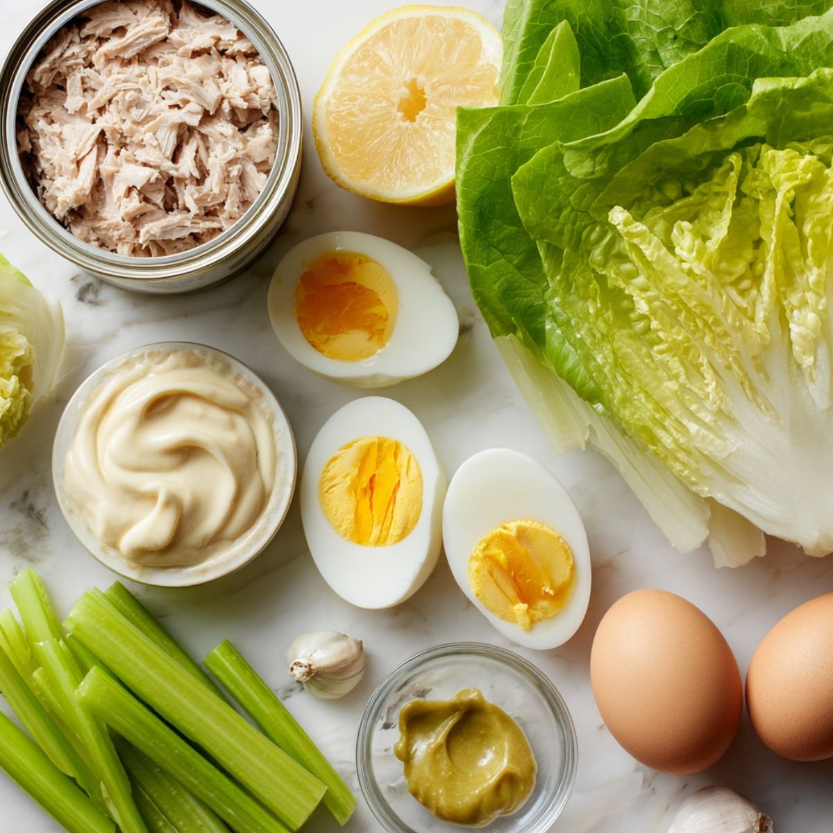 Top view of tuna, eggs, mayo, celery, and lemon arranged casually on a kitchen counter