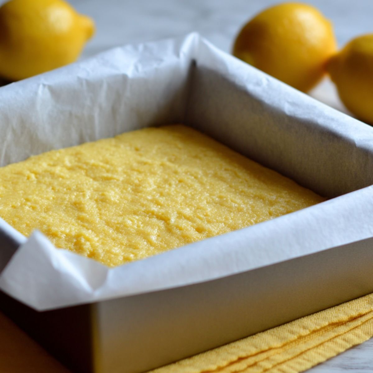 Unbaked lemon bar batter going into the oven in a rectangular pan