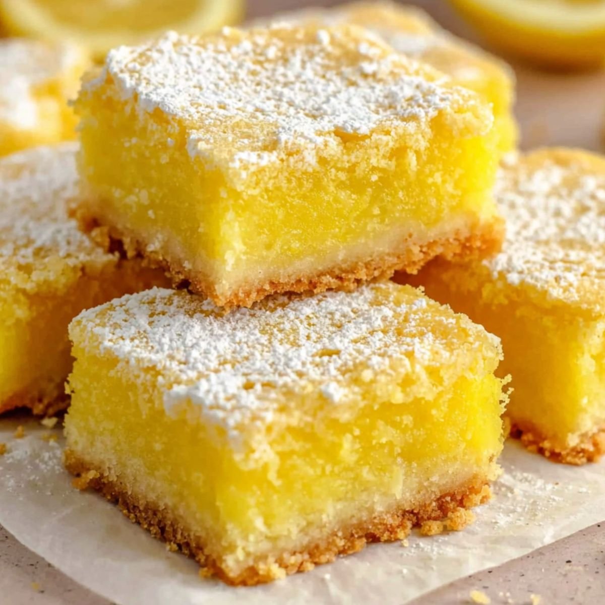 Cooled and sliced lemon bars on parchment with a dusting of powdered sugar