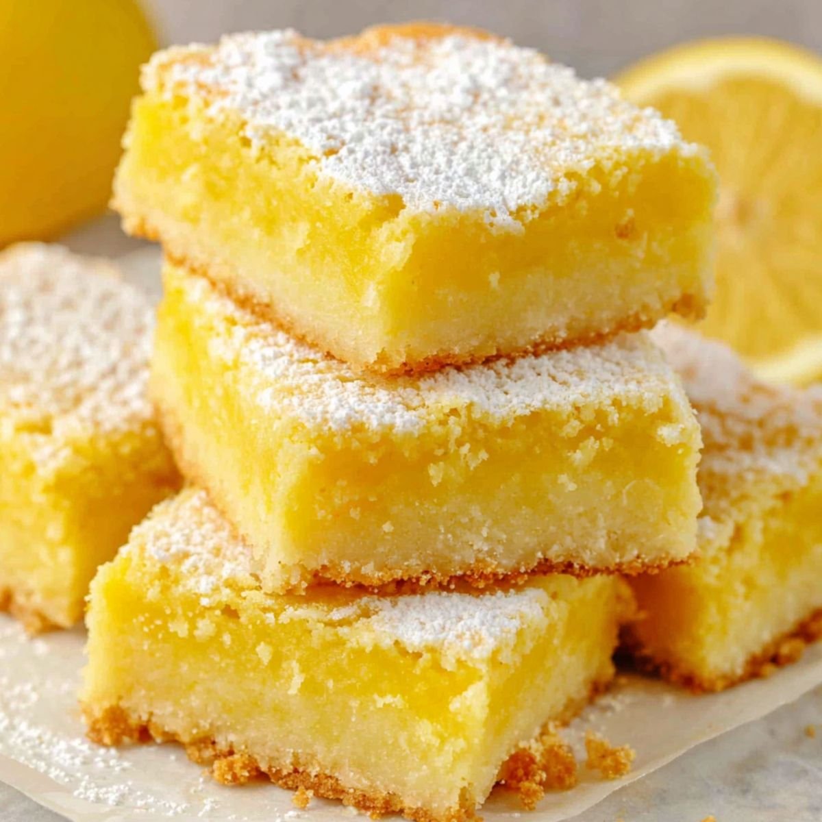 Two ingredient lemon bars cut into imperfect squares on parchment paper