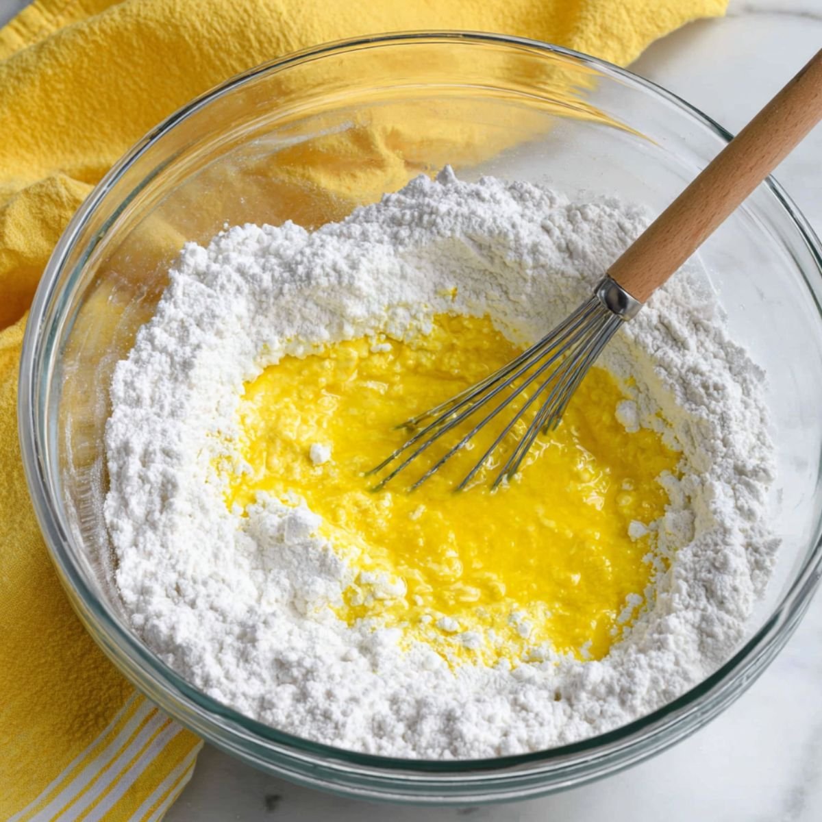 Mixing cake mix and lemon pie filling in a bowl for lemon bars