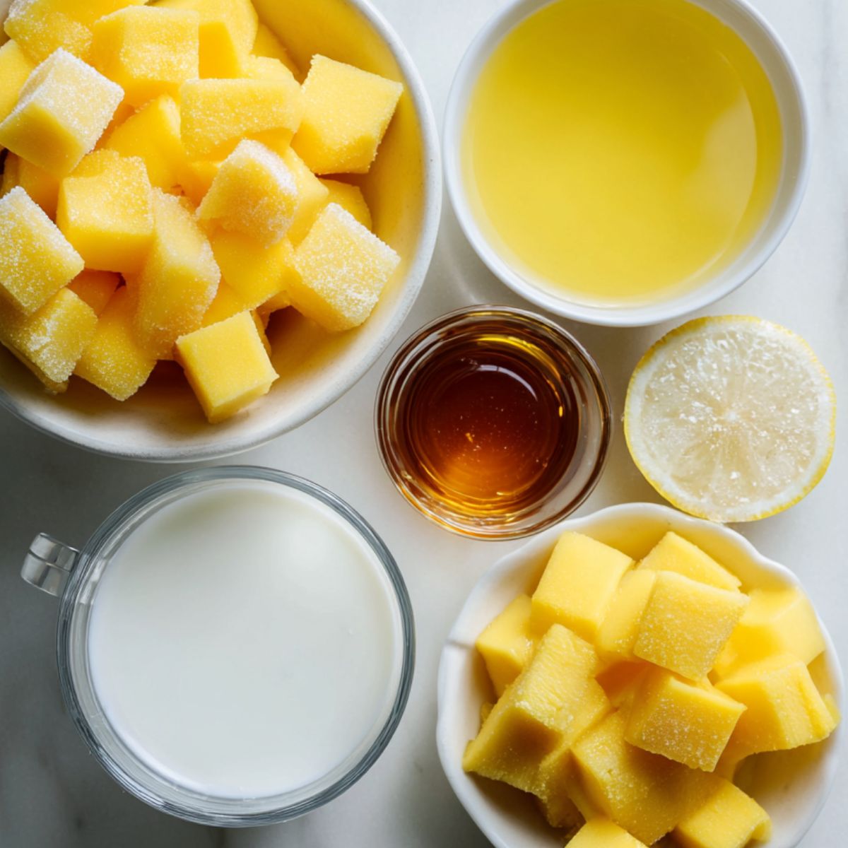 Ingredients laid out for mango sorbet ice cream on a white counter