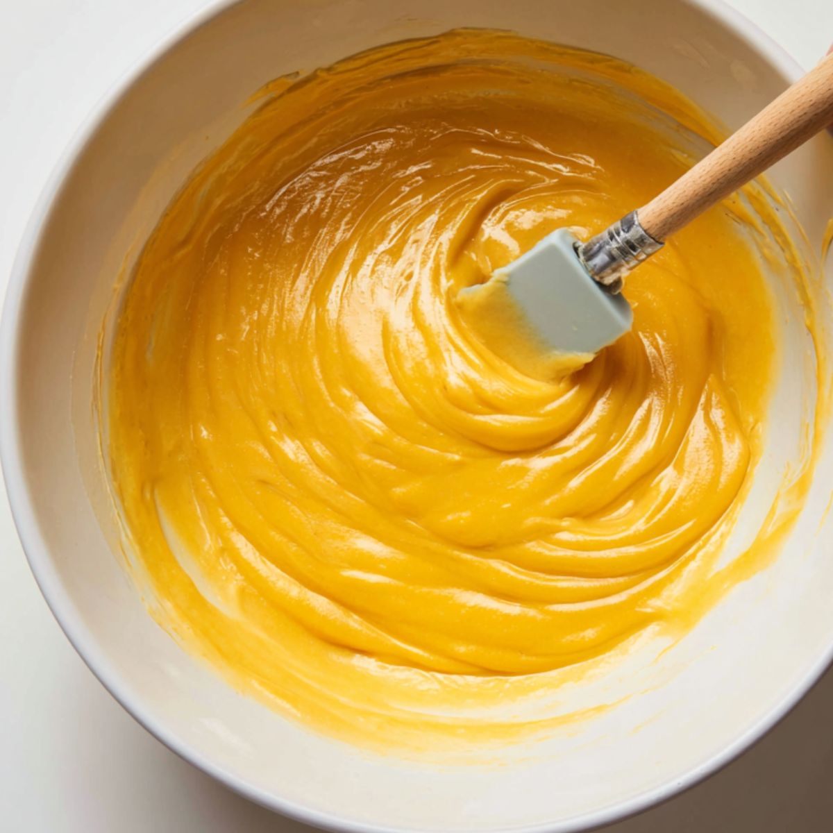 Mango pancake batter being mixed in a bowl on a kitchen counter.