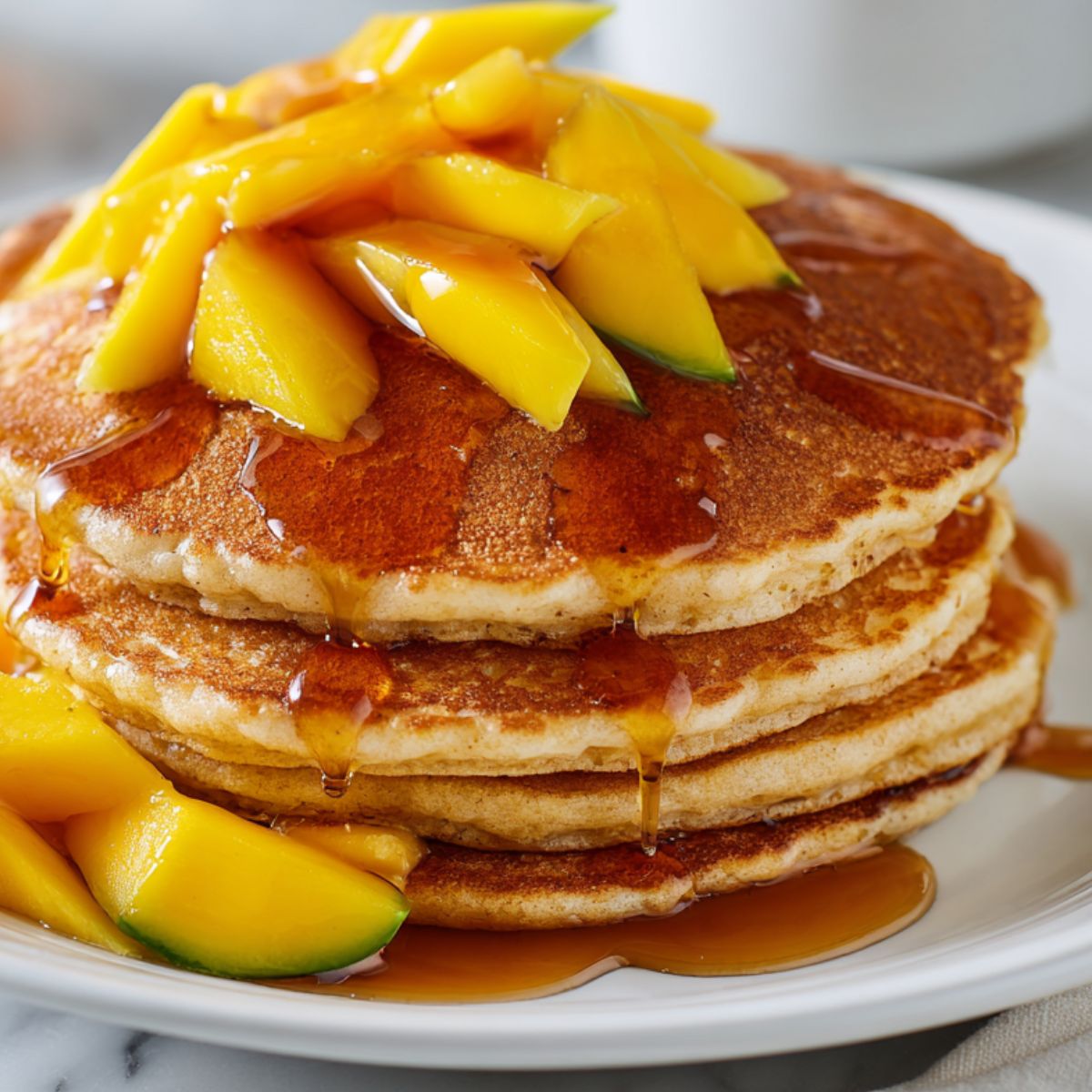 Fluffy homemade mango pancakes stacked on a plate on a white kitchen counter.