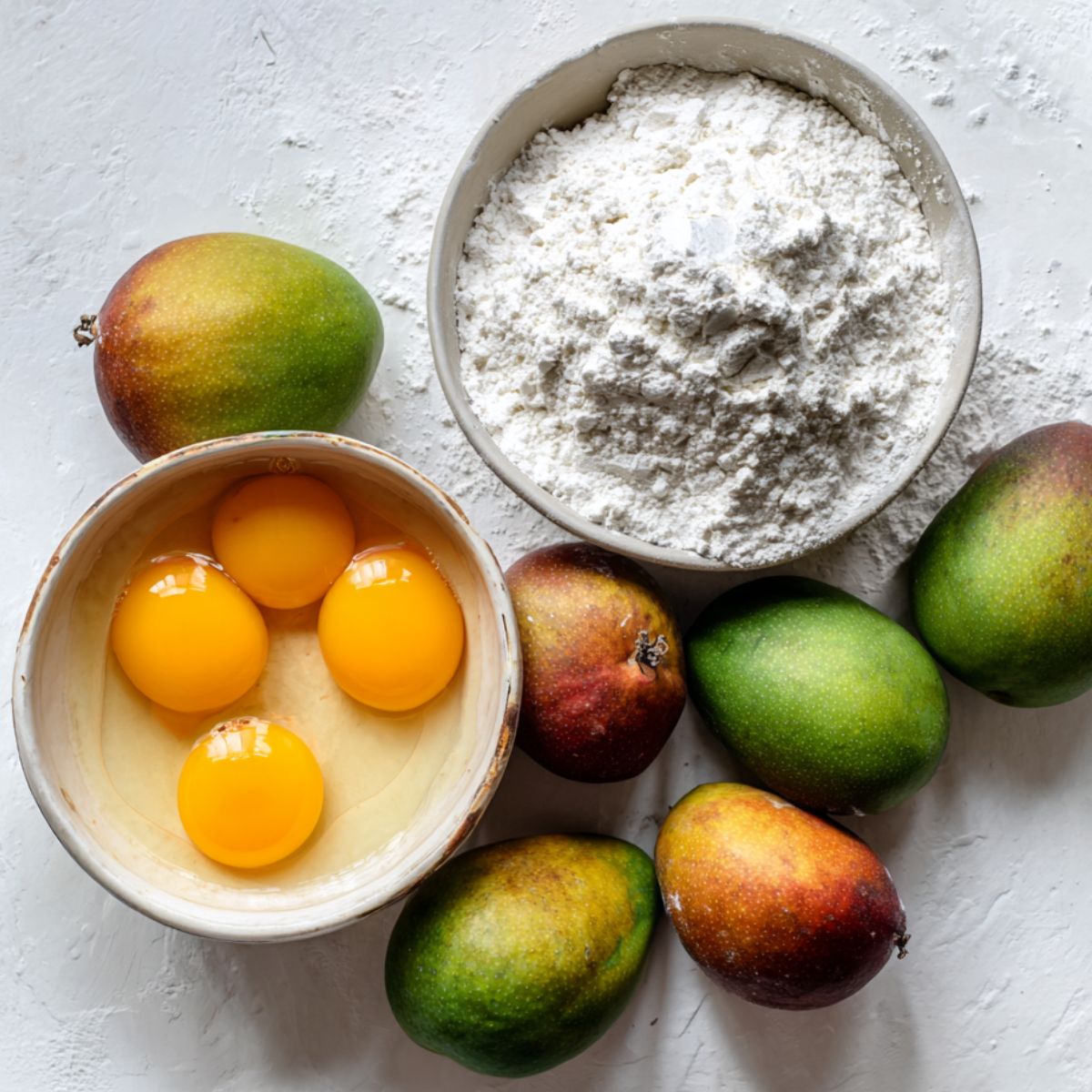 Fresh mangoes, eggs, and flour displayed on a kitchen counter for mango pancakes.