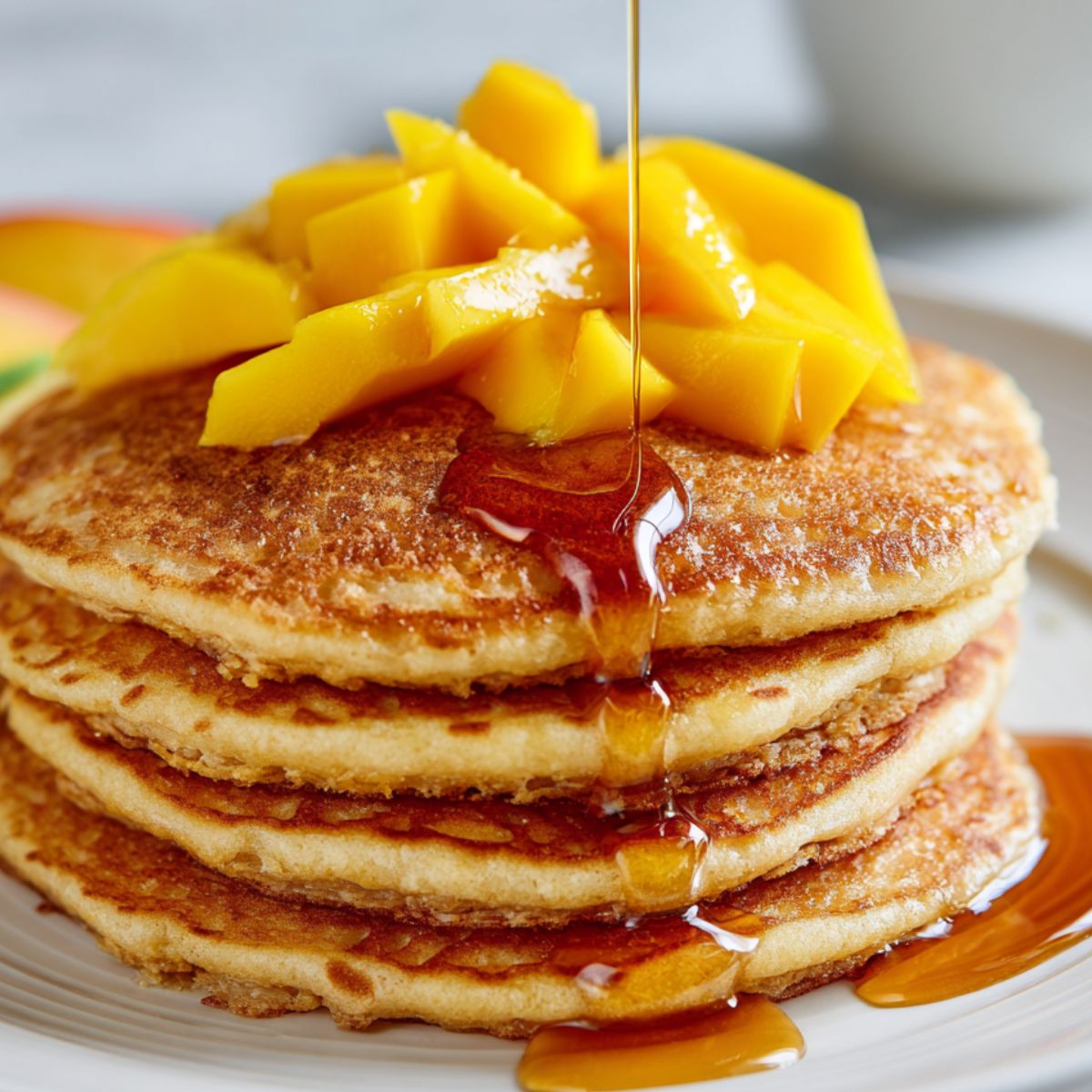 Mango pancakes served with fresh mango and maple syrup.