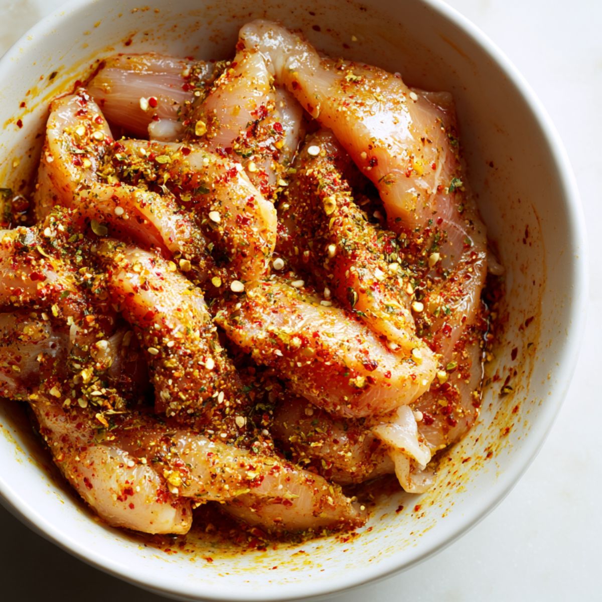 Chicken strips coated in shawarma spice marinade in a mixing bowl.