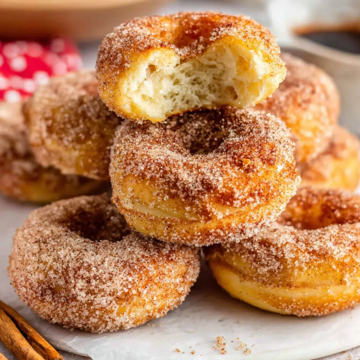 Homemade mini donuts sprinkled with cinnamon sugar on white counter