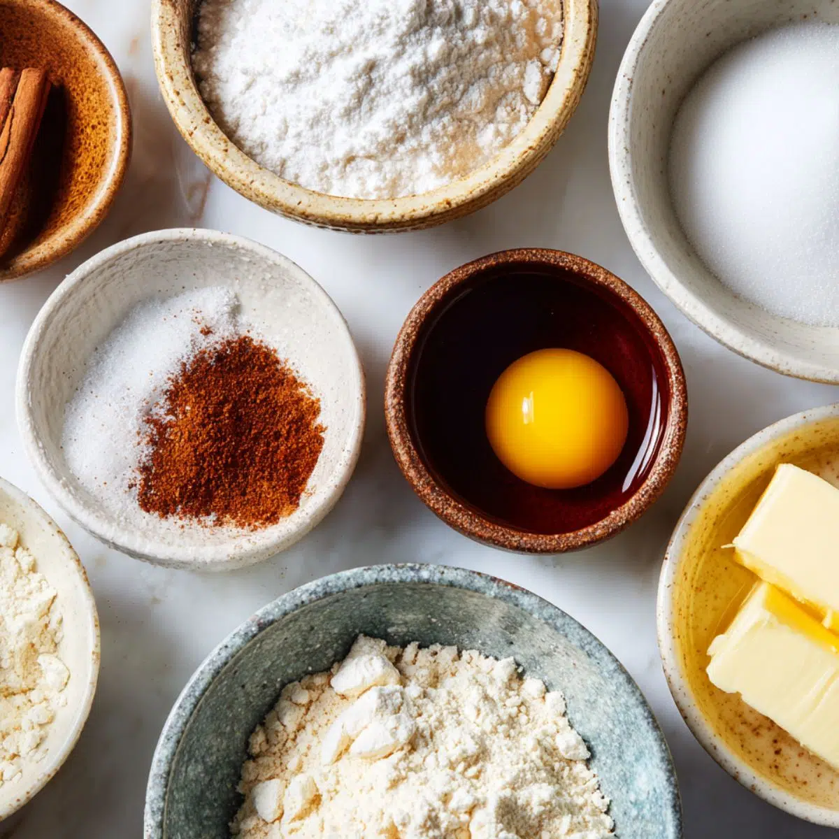 All ingredients for homemade mini donuts laid out on a kitchen counter