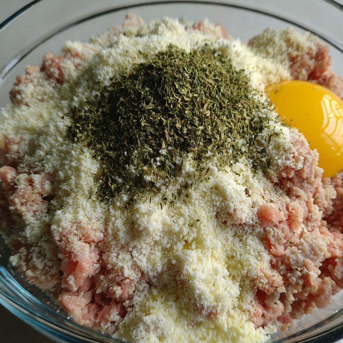 Mixing ground chicken with seasonings and breadcrumbs in a bowl.
